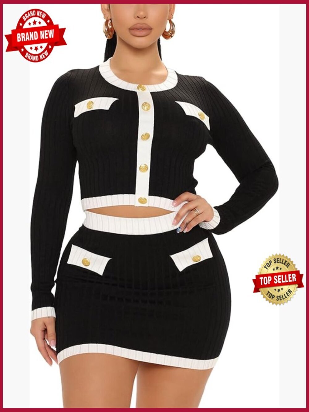2 Piece Skirt Outfits Long Sleeve Crop Top Bodycon Mini Set